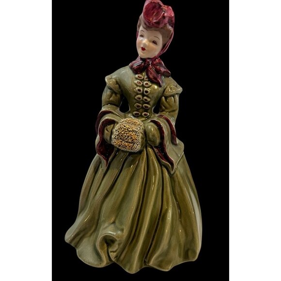 Vintage MCM Florence Pasadena Ceramics Delia Figure In Green Dress w/ Bouquet 8" - Picture 2 of 12